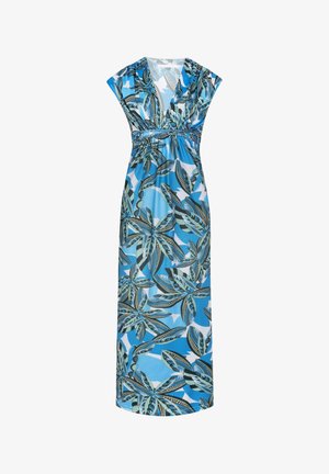 Floral maxi dress featuring a V-neckline, short cap sleeves, and a fitted waist. It showcases a blue and green leaf pattern on a light background.