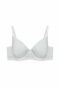 Biały wyściełany biustonosz z gładkimi miseczkami, koronkowym pasem, regulowanymi ramiączkami i falistymi brzegami. Charakteryzuje się prostym wzorem bez zdobień.