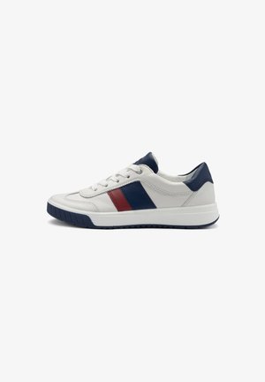 White low-top sneaker with navy and red side stripes, navy heel and tongue accents, white laces, and navy rubber sole.