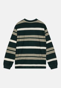 Maglione lavorato a maglia di un verde scuro con ampie strisce orizzontali beige e bianche. Presenta polsini e colletto a coste. Tessuto dalla texture particolare.