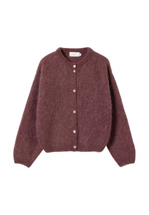 Blød, blød, mørk mauve cardigan med lange ærmer, rund halsudskæring og seks perle-lignende knapper foran.