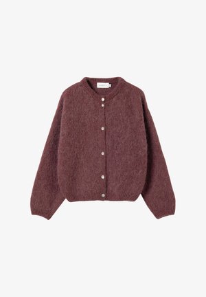 Pehme, hägune, tumeda mauve tooniga kardigan pikkade varrukatega, ümmarguse kaelusega ja kuue pärliku meenutava nööbiga ees.