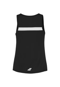 Top atletico senza maniche di colore nero con una fascia orizzontale bianca sulla parte superiore della schiena e un piccolo logo bianco vicino all'orlo inferiore.