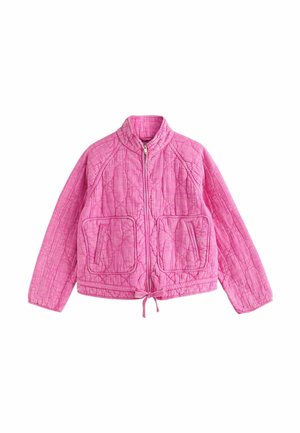 Rosa gesteppte Jacke mit Frontreißverschluss, zwei großen quadratischen Taschen, langen Ärmeln, hohem Kragen und verstellbarem Saum mit Kordelzug.