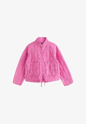 Pink quilted jacket with front zipper, two large square pockets, long sleeves, high collar, and adjustable drawstring hem.