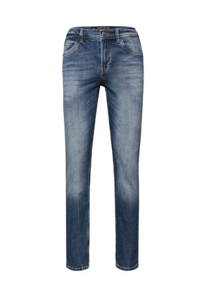 Modré džínové kalhoty s přímým střihem, středním pasem, pěti kapsami a jemnými vybledlými detaily na látce.