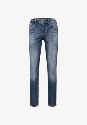 Blauwe spijkerbroek van denim met een rechte snit, een taille die tot halverwege de heupen komt, vijf zakken en subtiele vervagingen over de stof.