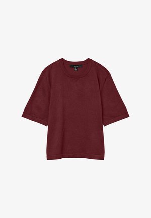 T-shirt bordeaux à manches courtes en tissu texturé, dotée d'un col rond et d'une coupe décontractée avec des poignets de manches retroussés.