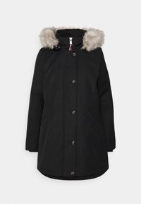 Parka d'hiver noire avec fermeture à boutons et fermeture éclair à l'avant, poches latérales, et capuche bordée de fausse fourrure grise.
