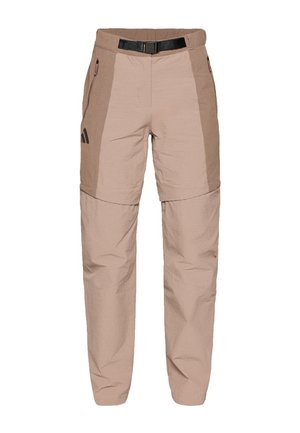 Beige outdoorbukser med en tekstureret finish, to sidelommer og et sort justerbart bælte med spænde. Inkluderer sort logoaccent.