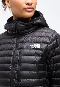 Κοντινό πλάνο ενός ατόμου που φοράει μαύρο μπουφάν North Face με επένδυση, κουκούλα και φερμουάρ σε τσέπη στο στήθος.