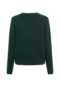 Donkergroene geribbelde gebreide trui met lange mouwen, ronde halslijn en rechte zoom. Gestructureerde stof met een licht getailleerd silhouet.