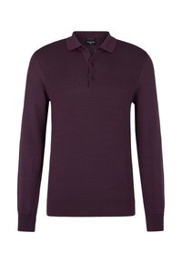 Polo a maniche lunghe in un profondo viola con un design a maglia testurizzata, caratterizzato da un colletto classico e una patta con tre bottoni. Polsini elasticizzati.
