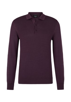 Langärmliges Poloshirt in tiefem Lila mit strukturiertem Strickdesign, klassischem Kragen und Knopfleiste mit drei Knöpfen. Dehnbare Bündchen.