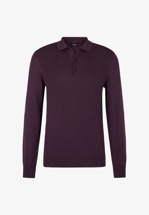 Langärmliges Poloshirt in tiefem Lila mit strukturiertem Strickdesign, klassischem Kragen und Knopfleiste mit drei Knöpfen. Dehnbare Bündchen.