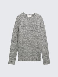 Grau gestrickter Pullover mit Rundhalsausschnitt, langen Ärmeln, strukturiertem Muster und gerippten Bündchen. Etikett am Halsausschnitt sichtbar.