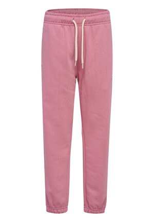 Pink fleece joggingbukser med elastisk linning, hvid snøre, sidelommer og elastiske lynlåse ved anklerne.