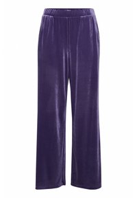 Fioletowe, welurowe spodnie o szerokich nogawkach z elastycznym paskiem w talii. Miękka faktura, gładkie wykończenie i pełna długość. Idealne do codziennego noszenia.