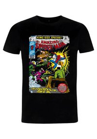 Black cotton T-shirt featuring vintage comic book art of Spider-Man and villains, vibrant colors, detailed characters, and text accents.