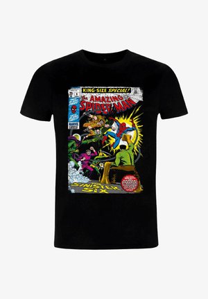 Schwarzes Baumwoll-T-Shirt mit Vintage-Comicbuchkunst von Spider-Man und seinen Widersachern, lebendigen Farben, detailreichen Charakteren und Textakzenten.