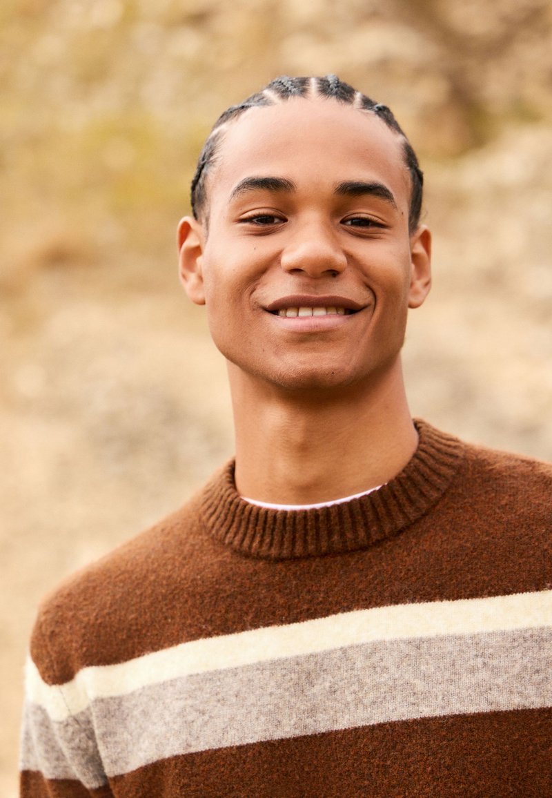 Maglione a righe marroni con fasce crema e grigie; collo a girocostina; tessuto morbido; indossato da una persona sorridente in un ambiente naturale.