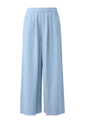 Pantalon bleu clair à jambes larges avec ceinture élastique et poches latérales, fabriqué en tissu léger et texturé.