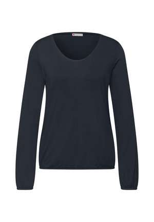 Top negro de manga larga para mujer con escote redondo y dobladillo elástico, vista frontal sobre fondo blanco.