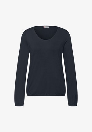 Haut noir à manches longues pour femmes avec encolure dégagée et ourlet élastique, vue de face sur fond blanc.