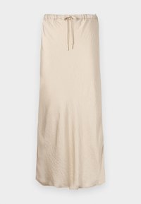 Beige maxi skirt made of soft, crinkled fabric with an elastic waistband and drawstring for adjustable fit. Smooth texture with flowing shape.