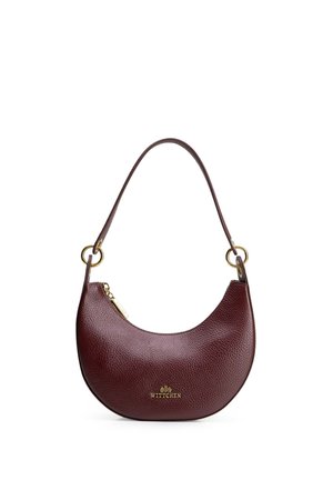 Bruine textuurleren handtas in vorm van een halve maan met gouden ritssluiting en Wittchen-logo, voorzien van een enkele schouderriem met gouden ringen.