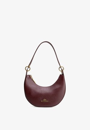 Bruine textuurleren handtas in vorm van een halve maan met gouden ritssluiting en Wittchen-logo, voorzien van een enkele schouderriem met gouden ringen.