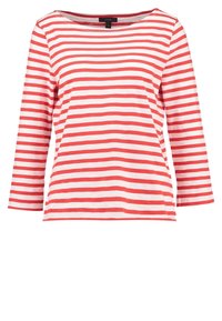 Langärmliges T-Shirt mit roten und weißen Streifen, runden Ausschnitt und lockerem Schnitt. Hergestellt aus weichem, leichtem Stoff mit glatter Textur.