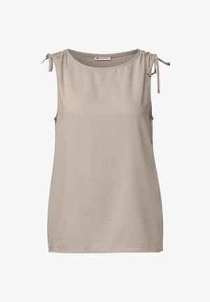 Beige mouwloos topje van textuurstof, ronde halslijn en verstelbare strikaccenten op de schouders.