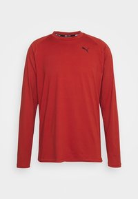Langärmliges rotes Sportshirt aus glattem Stoff, mit Rundhalsausschnitt und schwarzem Puma-Logo auf der Brust. Schlichtes Design und taillierte Form.