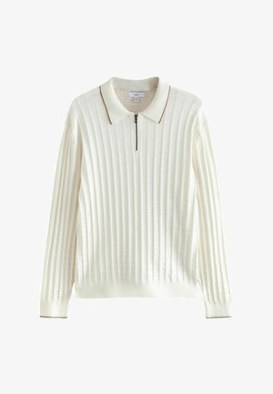 Long-sleeve white knit sweater with a textured grid pattern, zippered collar, and brown trim on collar and sleeve cuffs.