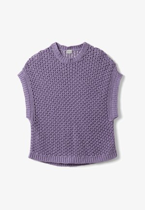 Fliederfarbener ärmelloser Strickpullover mit Lochmuster, geripptem Rundhalsausschnitt, Armausschnitten und Saum, flach auf weißem Hintergrund liegend.