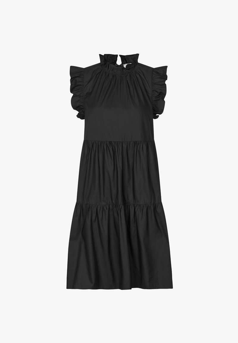 Rochie din bumbac negru cu mâneci volan, guler înalt și design stratificat cu pliuri. Textură netedă, siluetă până la genunchi, cu deschidere în formă de cheie la spate.