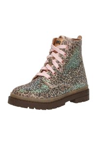 Leopardprint enkellaarsjes met een gestructureerde afwerking, roze veters en een bruine rubberen zool. Voorzien van metalen accenten rond de kraag.