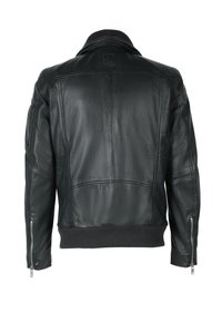 Svart läderbomberjacka med ribbad krage och muddar. Har dragkedjefickor på sidan och en slät yta med sömnadsdetaljer.