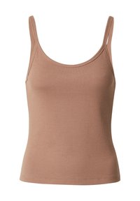 Brauner, gerippter Tank-Top mit dünnen Trägern, rundem Ausschnitt und figurbetontem Design. Glatte Textur und dezenter Stretch für Komfort.