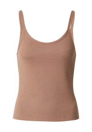 Brown ribbed tank top with thin straps, rounded neckline, and fitted design. Smooth texture and subtle stretch for comfort.