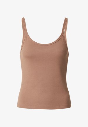 Brown ribbed tank top with thin straps, rounded neckline, and fitted design. Smooth texture and subtle stretch for comfort.