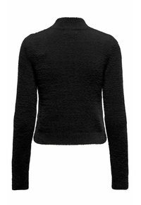 Maglione nero, maniche lunghe, tessuto testurizzato, colletto alto, design cropped, aspetto morbido, senza chiusure o motivi visibili.