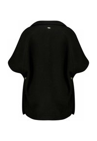 Zwart oversized trui met een gestructureerde afwerking, voorzien van een brede kraag, raglanmouwen en knoopdetails aan de zijkanten.