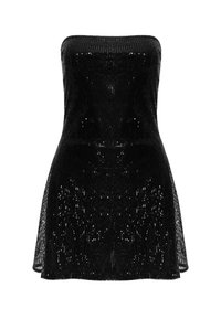 Schwarzes trägerloses Kleid mit tailliertem Oberteil und ausgestelltem Rock, der ein strukturiertes Paillettenmuster aufweist. Sanfte Stoffoberfläche.