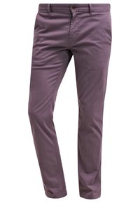 Fioletowe bawełniane chino ze prostymi nogawkami, z zapięciem na guzik, przednimi kieszeniami i subtelnymi detalami w szwie. Gładka tekstura.