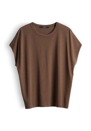 Brown short-sleeve loose-fit T-shirt with round neckline, laid flat on white background.