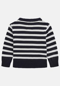 Navy and white striped sweater with a ribbed neckline and cuffs. Knit texture with horizontal stripes spanning the entire back.