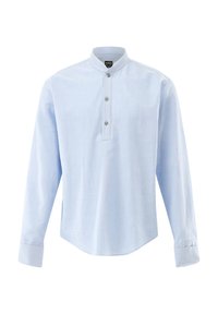 Camicia azzurro chiaro a maniche lunghe con colletto cinese, tre bottoni e orlo curvo; realizzata in un tessuto morbido e liscio.