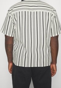 Lyhythihainen paita, jossa on kevyt kangas, jossa on pystysuorat mustat raidat, selkäosa ja suorasauma. Tekstuuri pinnassa, jossa on puhtaat linjat.